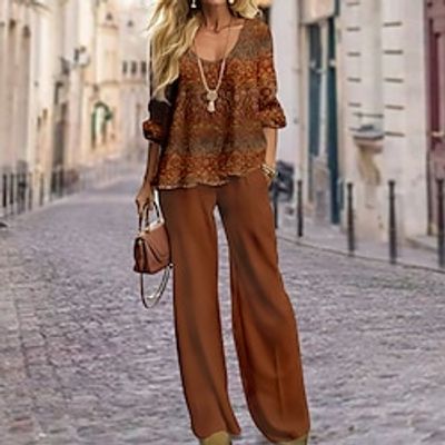 Women's Shirt Pants Sets Red Blue Brown Graphic Print Long Sleeve Casual Daily Fashion Round Neck Regular Fit Spring Fall miniinthebox Women's Shirt Pants Sets Red Blue Brown Graphic Print Long Sleeve Casual Daily Fashion Round Neck Regular Fit Spring Fall miniinthebox