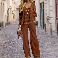 Women's Shirt Pants Sets Red Blue Brown Graphic Print Long Sleeve Casual Daily Fashion Round Neck Regular Fit Spring   Fall miniinthebox - thumbnail