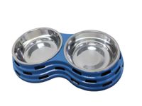 Double Dining Pet Feedrer With Stainless Steel Bowl & Non Slip Rubber Bottom blue For Cats And Dogs -33.5X18X6cm
