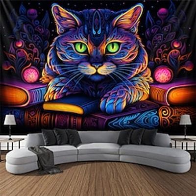 Studying Cat Blacklight Tapestry UV Reactive Glow in the Dark Trippy Misty Hanging Tapestry Wall Art Mural for Living Room Bedroom Lightinthebox