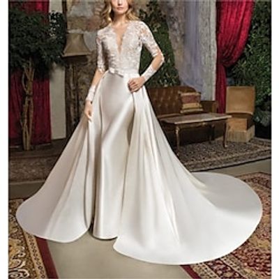 Formal Wedding Dresses Two Piece V Neck Long Sleeve Floor Length Lace OverSkirts Bridal Gowns With Solid Color 2023 Lightinthebox