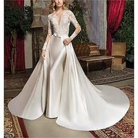 Formal Wedding Dresses Two Piece V Neck Long Sleeve Floor Length Lace OverSkirts Bridal Gowns With Solid Color 2023 Lightinthebox - thumbnail