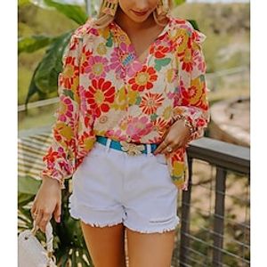 ins new 2022 european and american ladies spring and summer v-neck floral lantern sleeve loose casual top Lightinthebox