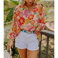 ins new 2022 european and american ladies spring and summer v-neck floral lantern sleeve loose casual top Lightinthebox - thumbnail