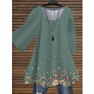 Women's Plus Size Tops Blouse Shirt Floral Print 3/4 Length Sleeve Crewneck Streetwear Daily Holiday Cotton Spandex Jersey Spring Summer Blue Gray miniinthebox Women's Plus Size Tops Blouse Shirt Floral Print 3/4 Length Sleeve Crewneck Streetwear Daily Holiday Cotton Spandex Jersey Spring Summer Blue Gray miniinthebox