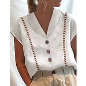 Women's Shirt Blouse White Plain Button Cut Out Short Sleeve Casual Basic Shirt Collar Regular Cotton S miniinthebox