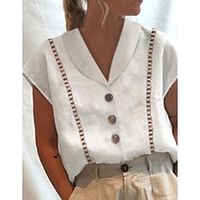 Women's Shirt Blouse White Plain Button Cut Out Short Sleeve Casual Basic Shirt Collar Regular Cotton S miniinthebox - thumbnail