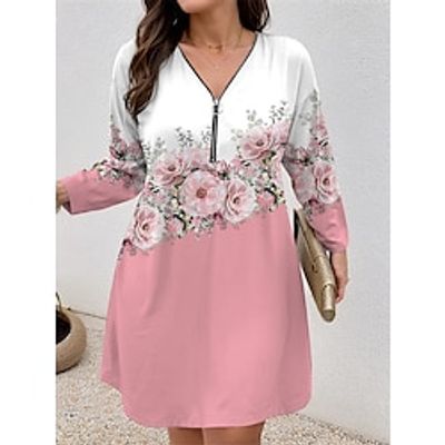 Women's Plus Size Curve Casual Dress Winter Dress Floral Gradient Mini Dress Long Sleeve Print V Neck Fashion Outdoor Yellow Pink Fall Winter L XL 2XL 3XL 4XL Lightinthebox