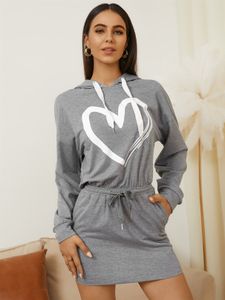 YOINS Grey Heart Print Hooded Long Sleeves Mini Dress