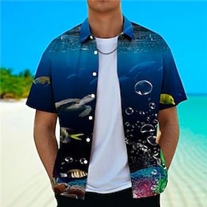 Men's Shirt Graphic Prints Fish Underwater World Turndown Red Blue 3D Print Street Daily Short Sleeves Button-Down Print Clothing Apparel Tropical Fashion Designer Hawaiian miniinthebox