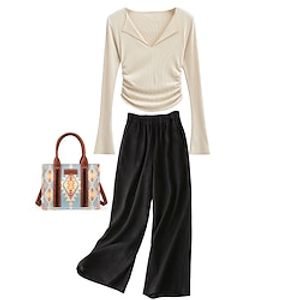 Set with V Neck Ruched Side Crop T-shirt Wide Leg Linen Pants Canvas Western Handbag Shoulder Bag Hobo Bag Canvas Women's 3 PCS Casual Daily Outfits Spring Elegant Daily Going out Weekend Stylish Lightinthebox