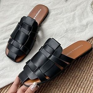 Women's Mules Plus Size Flat Heel Round Toe Casual Daily PU Leather Loafer Spring Summer Solid Colored Black Brown Beige miniinthebox