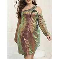 Women's Plus Size Sequin Dress Party Dress Cocktail Dress Mini Dress Gold Long Sleeve Pure Color Sequins Spring Fall Winter One Shoulder Fashion Winter Dress Wedding Guest Birthday 2023 XL XXL 3XL 4XL Lightinthebox - thumbnail