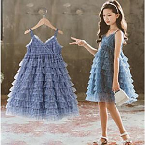 fashion girls plaid dresses 2021 summer children lace tiered ruffle suspender tutu dress kids v-neck princess clothing a5953 Lightinthebox