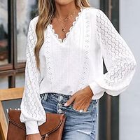 Women's Shirt Blouse White Solid Color Lace Street Daily Fashion V Neck Spring  Fall Lightinthebox - thumbnail