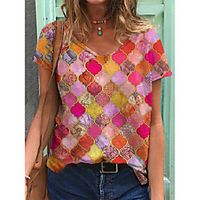 Women's T shirt Floral Graphic Print V Neck Tops Basic Basic Top Blue Purple Red miniinthebox - thumbnail
