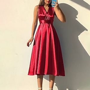 Women's Party Dress Satin Dress Midi Dress Green Blue Red Sleeveless Pure Color Ruched Spring Summer V Neck Party Weekend 2022 S M L XL Lightinthebox