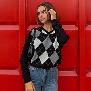 Women's Stylish Knitted Plaid Pullover Long Sleeve Sweater Cardigans Crew Neck Fall Winter Black miniinthebox