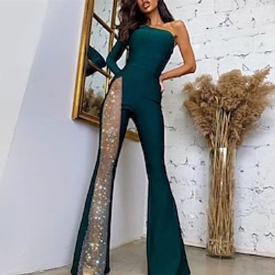 Jumpsuits Rompers Sparkle  Shine Formal Evening Dress One Shoulder Long Sleeve Floor Length Stretch Fabric with Sequin 2022 Lightinthebox
