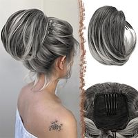Hair Bun Hairpiece Fully Short Ponytail Bun Hair Chignon with Comb Clip Bun Updo Drawstring Bun Synthetic Highlight Hair Pieces Extension for Women Gray and White Tips Lightinthebox