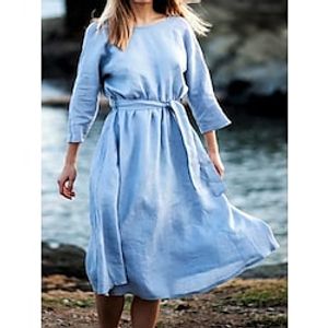 Women's A Line Dress Midi Dress Light Blue 34 Length Sleeve Pure Color Ruched With Belt Fall Winter Crew Neck Casual Modern 2022 S M L XL 2XL 3XL Lightinthebox