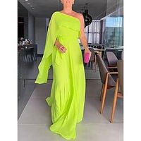Women's Casual Dress Chiffon Dress Plain Dress Long Dress Maxi Dress Ruffle Outdoor Date Going out Fashion Elegant One Shoulder Long Sleeve 2023 Regular Fit Green Color S M L XL XXL Size Lightinthebox - thumbnail