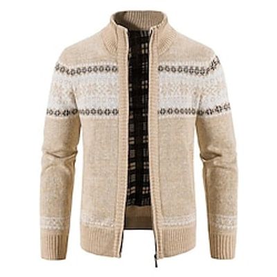 Women's Cardigan Sweater Jacket Stand Collar Ribbed Knit Polyester Zipper Knitted Fall Winter Regular Outdoor Christmas Daily Fashion Streetwear Casual Long Sleeve Snowflake Blue Dark Gray Beige M L Lightinthebox