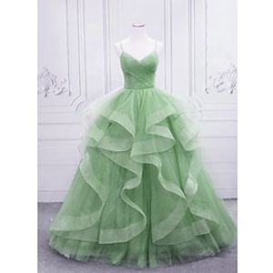 Ball Gown Prom Dresses Glittering Dress Formal Floor Length Sleeveless V Neck Tulle with Glitter Ruffles 2023 Lightinthebox