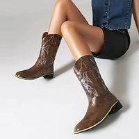 Women's Boots Cowboy Boots Plus Size Vintage Shoes Outdoor Daily Mid Calf Boots Winter Embroidery Block Heel Square Toe Vacation Vintage Fashion PU Loafer Floral Dark Brown Black Yellow Lightinthebox