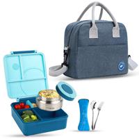 Eazy Kids Jumbo Bento Lunch Box With Blue Lunch Bag Food Jar And Cutlery - Blue