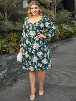 YOINS Plus Size Square Neck Floral Print Long Sleeves Midi Dress - thumbnail