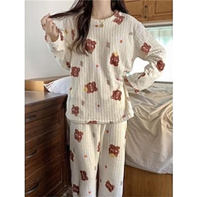 Women's Fleece Pajamas Sets Fluffy Fuzzy Warm Pajama Fruit Bear Plush Casual Comfort Home Daily Bed Coral Fleece Coral Velvet Warm Crew Neck Long Sleeve Pant Fall Winter Black bow Peach Pink Lightinthebox