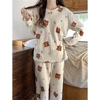 Women's Fleece Pajamas Sets Fluffy Fuzzy Warm Pajama Fruit Bear Plush Casual Comfort Home Daily Bed Coral Fleece Coral Velvet Warm Crew Neck Long Sleeve Pant Fall Winter Black bow Peach Pink Lightinthebox - thumbnail