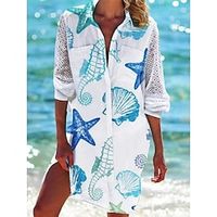 Women's Shirt Dress Casual Dress Shift Dress Mini Dress Outdoor Daily Vacation Polyester Casual Modern Shirt Collar Lace Button Long Sleeve Summer Spring Fall 2023 Loose Fit White Graphic Star S M L Lightinthebox - thumbnail