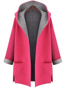 Hooded Patch Pocket Side Slit Color Block Roll Up Sleeve Coats