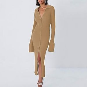 Women's Sweater Dress Winter Dress Casual Dress Long Dress Maxi Dress Green Blue Fuchsia khaki Brown Black Long Sleeve Pure Color Split Knit Winter Fall Shirt Collar Fashion Modern 2022 S M L miniinthebox