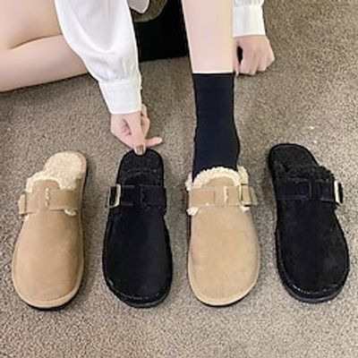 Women's Flats Slip-Ons Loafers Plus Size Plush Slippers Comfort Shoes Outdoor Home Daily Fleece Lined Winter Flat Heel Classic Comfort Minimalism Faux Suede Solid Color Black Khaki Lightinthebox