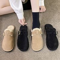 Women's Flats Slip-Ons Loafers Plus Size Plush Slippers Comfort Shoes Outdoor Home Daily Fleece Lined Winter Flat Heel Classic Comfort Minimalism Faux Suede Solid Color Black Khaki Lightinthebox - thumbnail