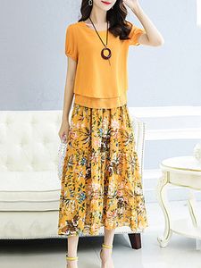 Round Neck Floral Printed Two-Piece Maxi Dress