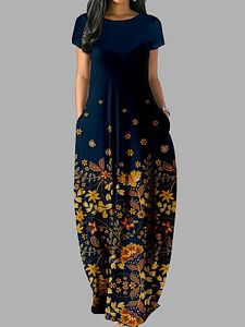 Casual Crew Neck Vintage Print Short Sleeve Maxi Dress