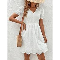 Women's White Dress Casual Dress A Line Dress Mini Dress Eyelet Vacation Streetwear Basic V Neck Short Sleeve White Color Lightinthebox