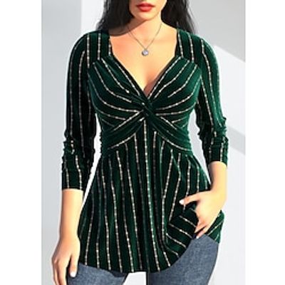 Women's Shirt Blouse Velvet Striped Green Print Flowing tunic Long Sleeve Casual Fashion V Neck Regular Fit Fall  Winter Lightinthebox
