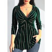 Women's Shirt Blouse Velvet Striped Green Print Flowing tunic Long Sleeve Casual Fashion V Neck Regular Fit Fall  Winter Lightinthebox - thumbnail
