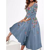 Women's Casual Dress Swing Dress Floral Ruffle Print V Neck Midi Dress Streetwear A Line Street Holiday Long Sleeve Summer Lightinthebox