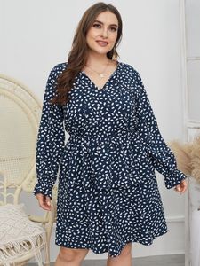 Plus Size V-neck Polka Dot Long Sleeves Mini Dress
