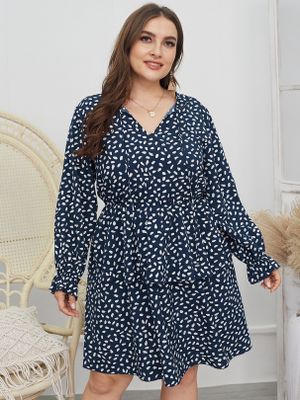 Plus Size V-neck Polka Dot Long Sleeves Mini Dress