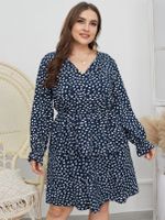 Plus Size V-neck Polka Dot Long Sleeves Mini Dress - thumbnail