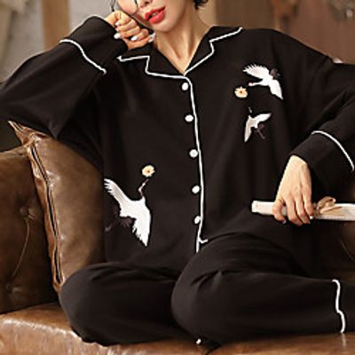 Women's Breathable Gift Pajamas Sets Home Daily Bed Elastic Waist Print Animal Cotton Fashion Chinoiserie Shirt Pant Spring Summer Lapel Long Sleeve Long Pant Buckle Lightinthebox