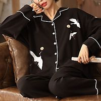 Women's Breathable Gift Pajamas Sets Home Daily Bed Elastic Waist Print Animal Cotton Fashion Chinoiserie Shirt Pant Spring Summer Lapel Long Sleeve Long Pant Buckle Lightinthebox - thumbnail