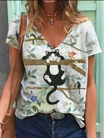 Ladies V-neck Cat Print T-shirt